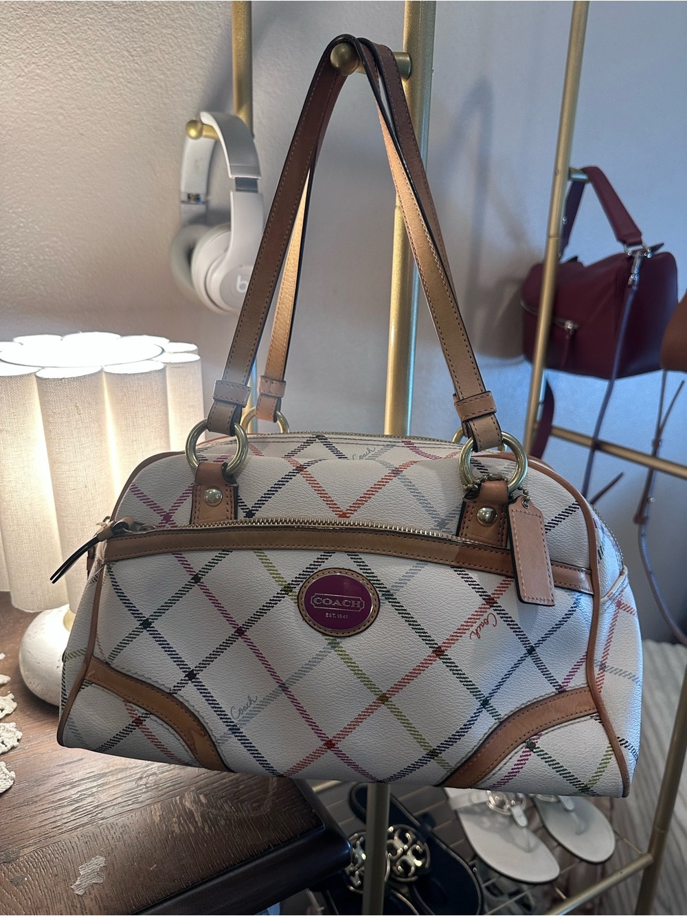 Coach White Multicolor Argyle Shoulder Bag with Tan Trim